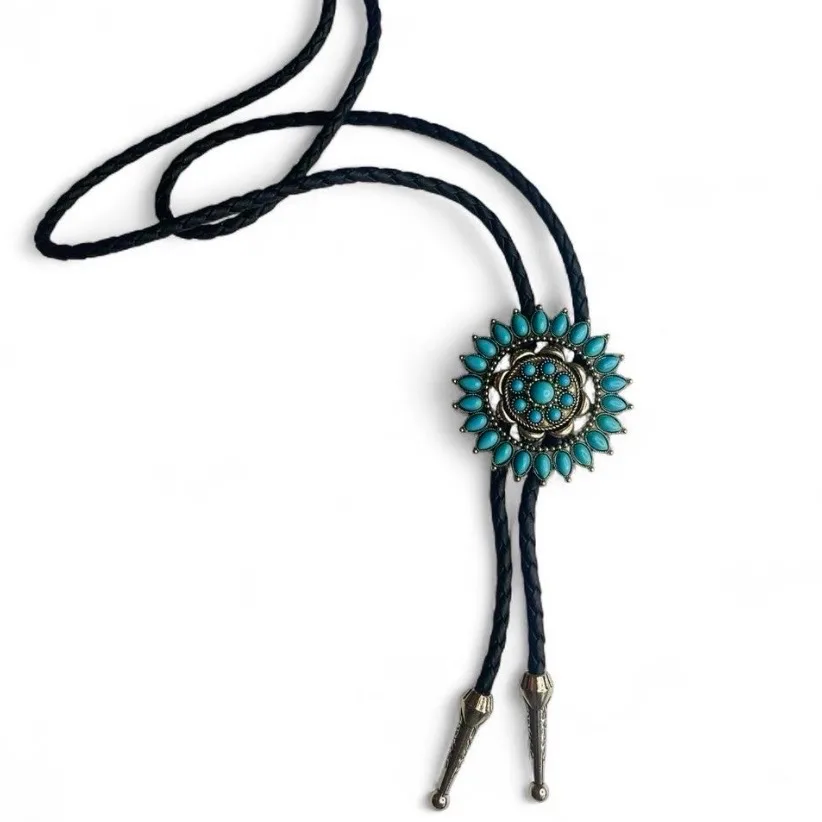 Western Bolo Tie Antique Silver-Tone Turquoise Sunburst – photo 5