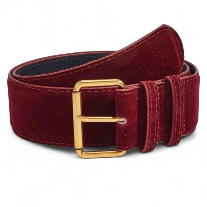 Retro-style wide burgundy velvet belt large gold-tone buckle — photo 5