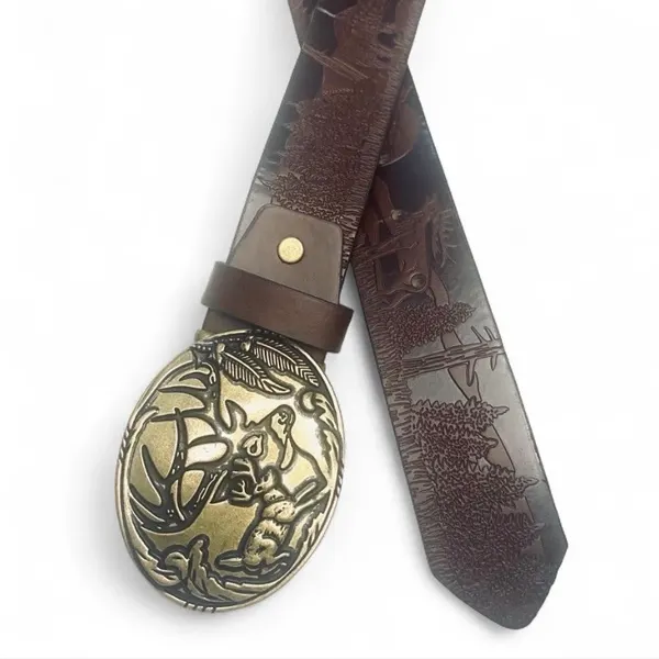 Western Embossed Belt Antiqued-Gold Deer Buckle