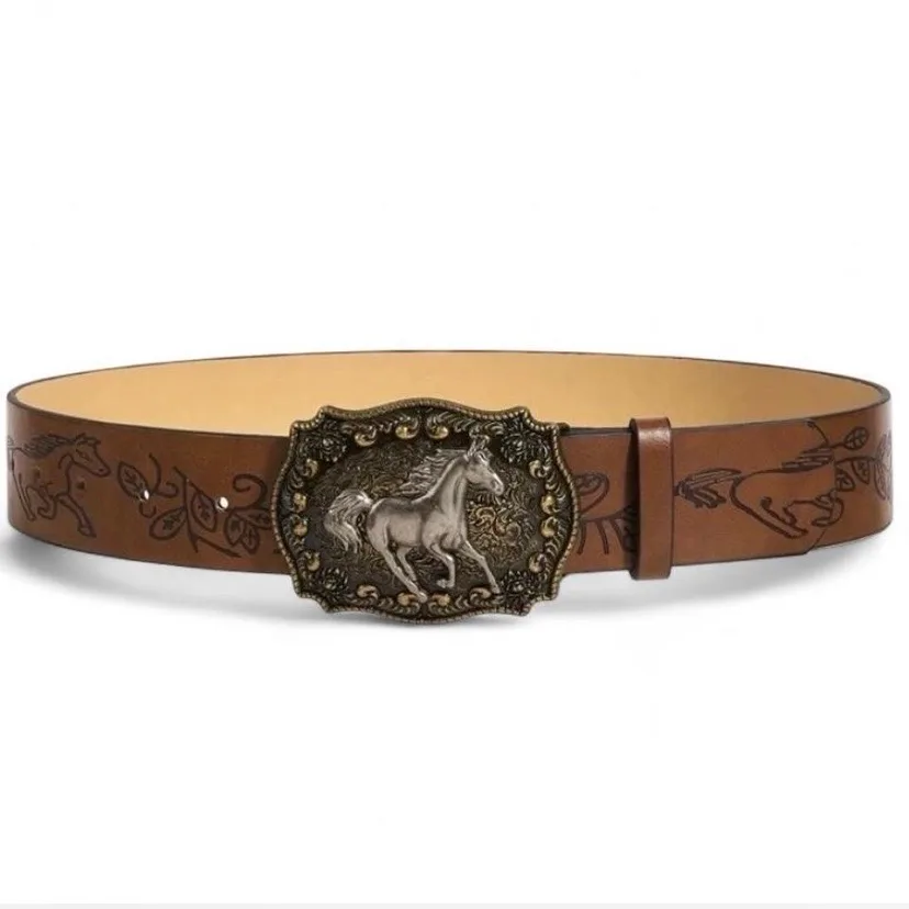 Western Style Embossed Belt Bronze-Tone Horse Buckle — photo 3