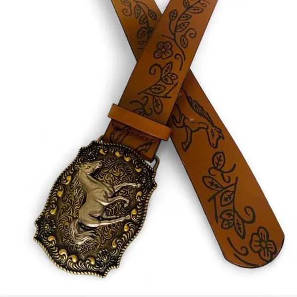 Western Style Embossed Belt Bronze-Tone Horse Buckle