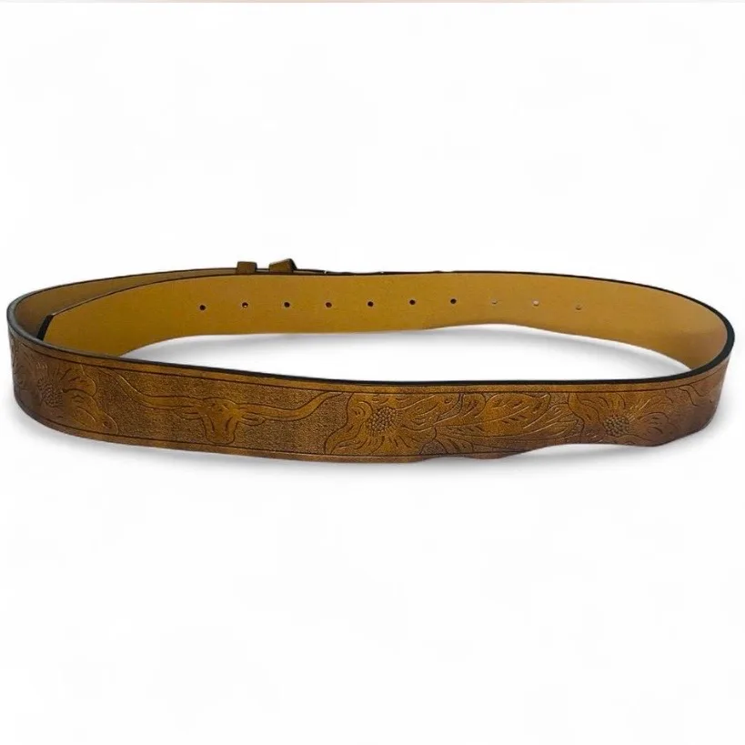 Custom Western Style Belt Golden Longhorn/ Silver Buckle NEW — photo 5