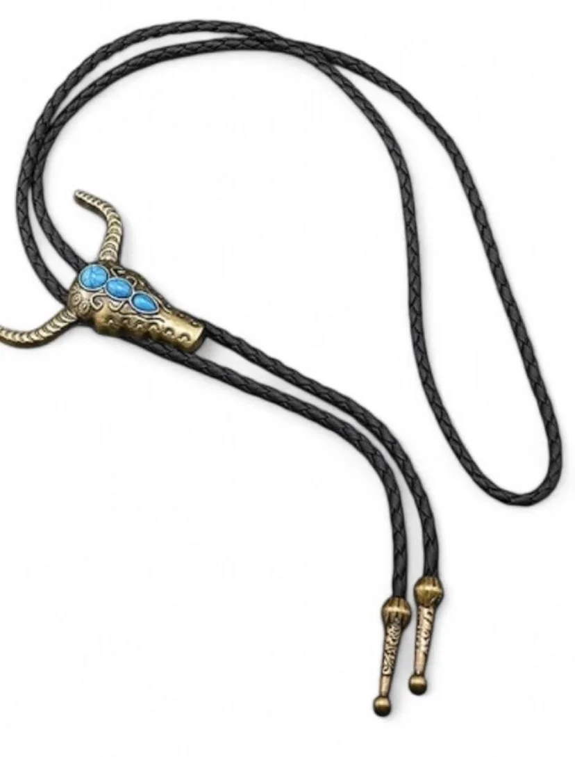 Western Style Bolo Tie Old Gold-Tone Bulls Head – photo 4