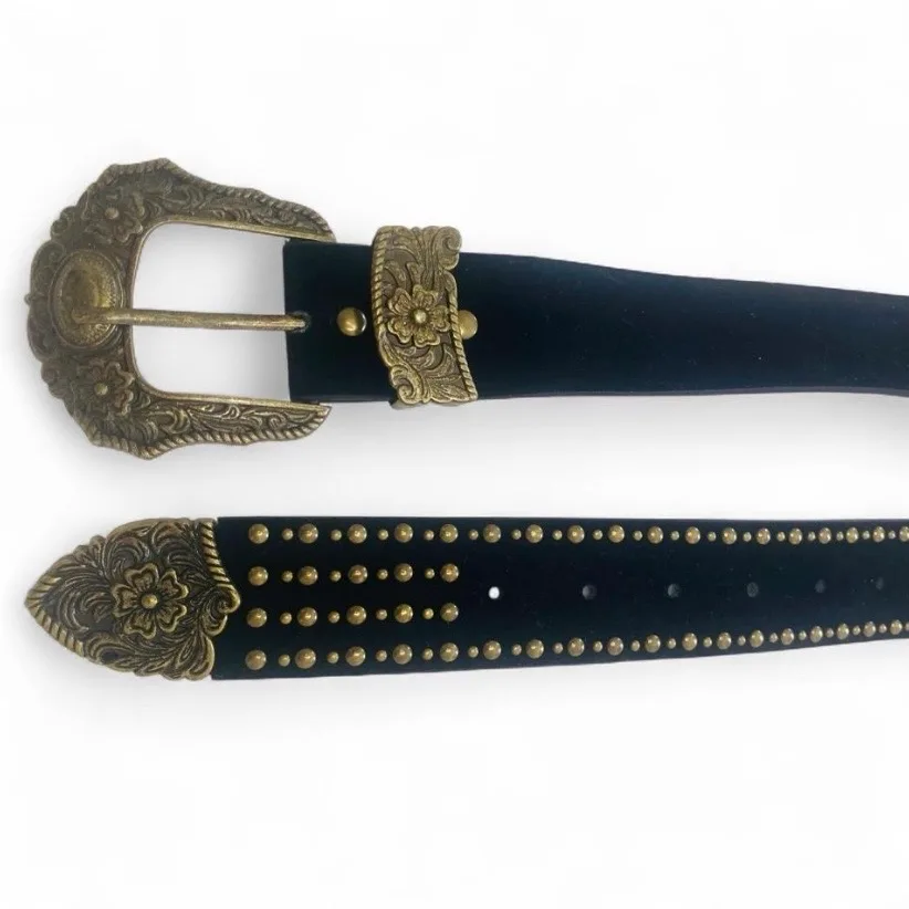 Western Black Studded Belt Ornate Gold Buckle — photo 3