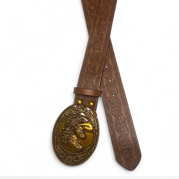 Western Brown Belt with Double Horse Head Buckle