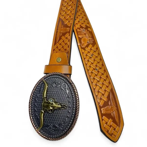 Western Embossed Belt Golden Longhorn Bull Silver Buckle