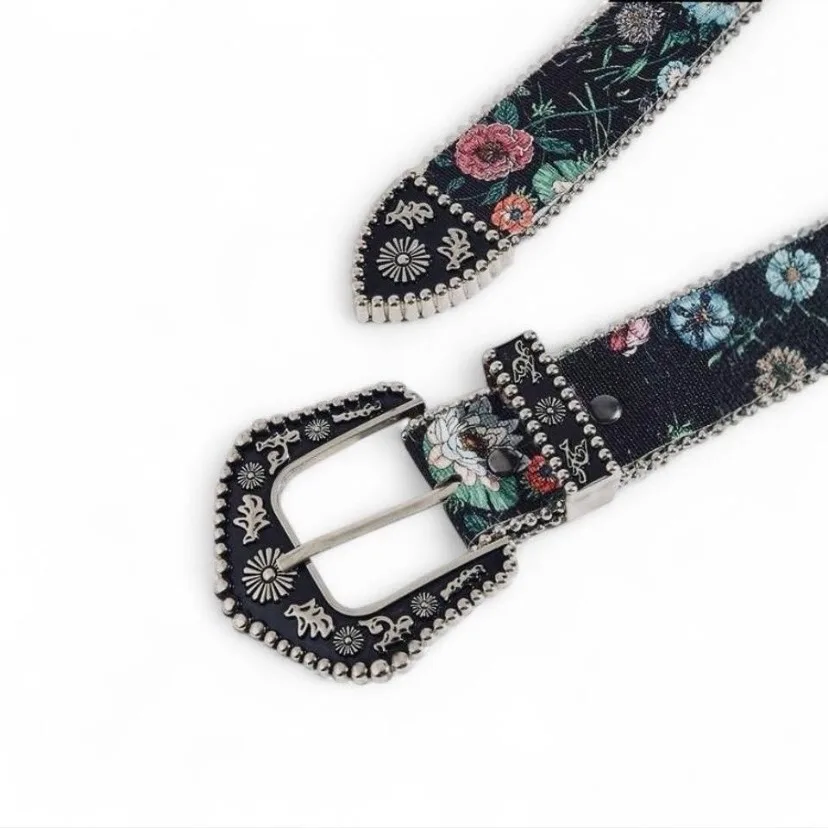 Black & floral print belt western style buckle — photo 3