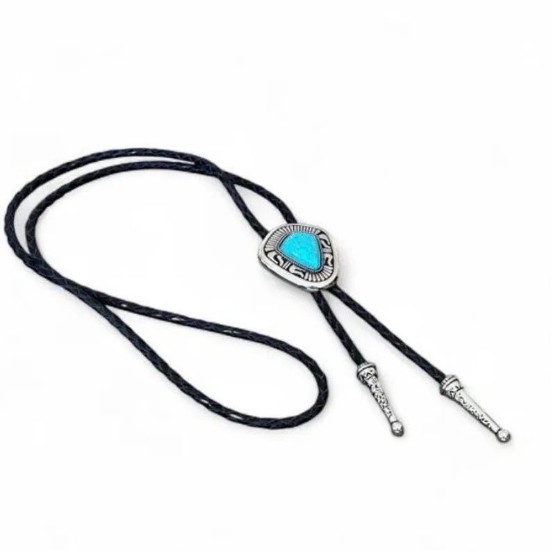 Western Bolo Tie Turquoise set in Silver Tone Bezel – photo 7