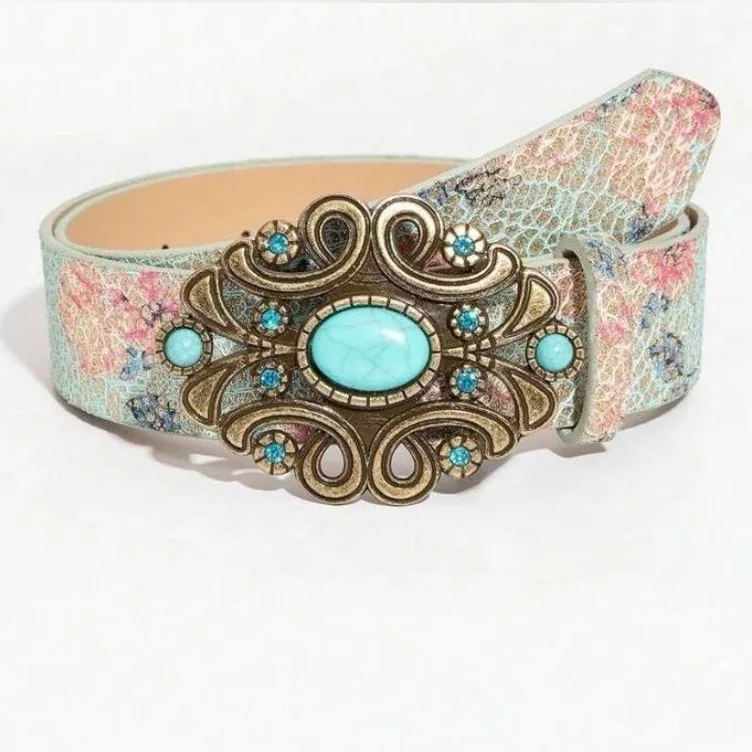 Boho Floral Print Belt Gold & Turquoise Buckle — photo 2
