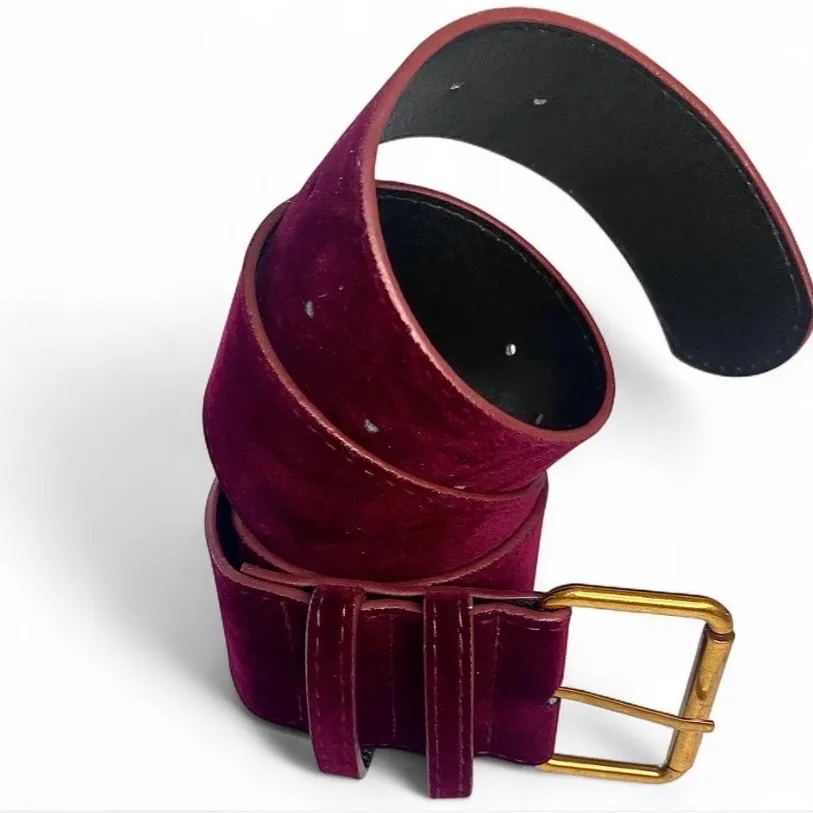 Retro-style wide burgundy velvet belt large gold-tone buckle — photo 7