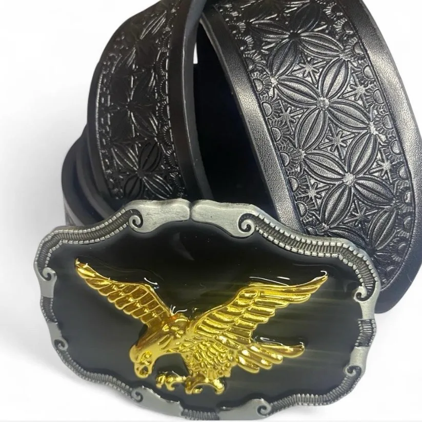 Western Black Embossed Belt with Golden Eagle on Black Buckle – photo 4