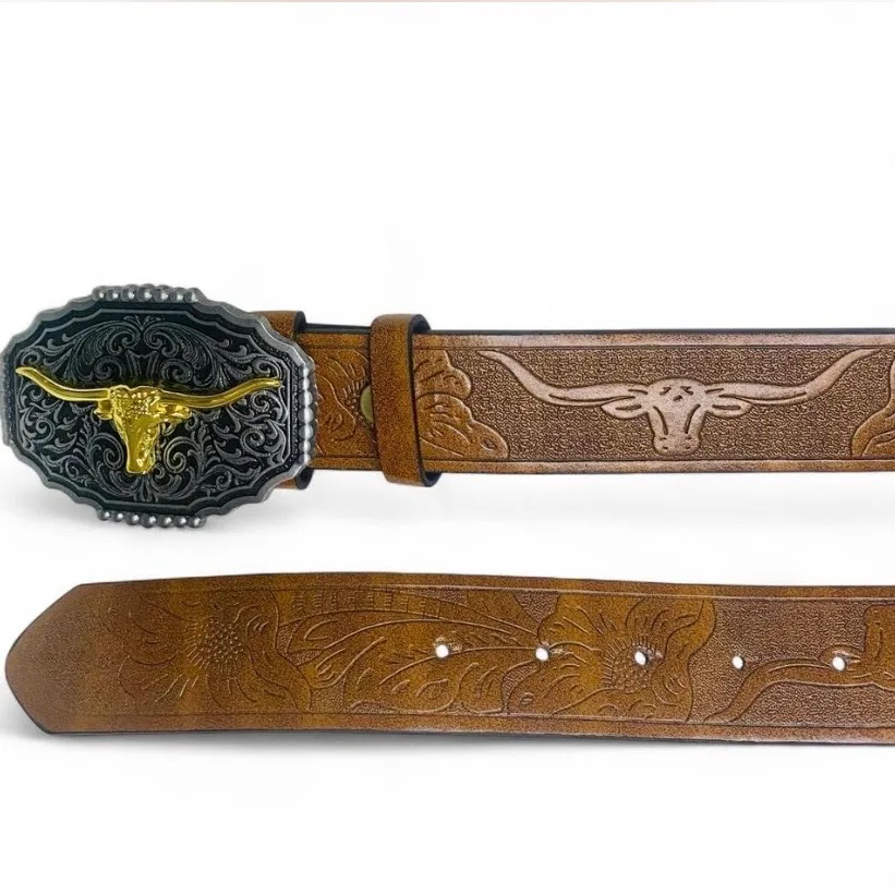 Custom Western Style Belt Golden Longhorn/ Silver Buckle NEW — photo 8