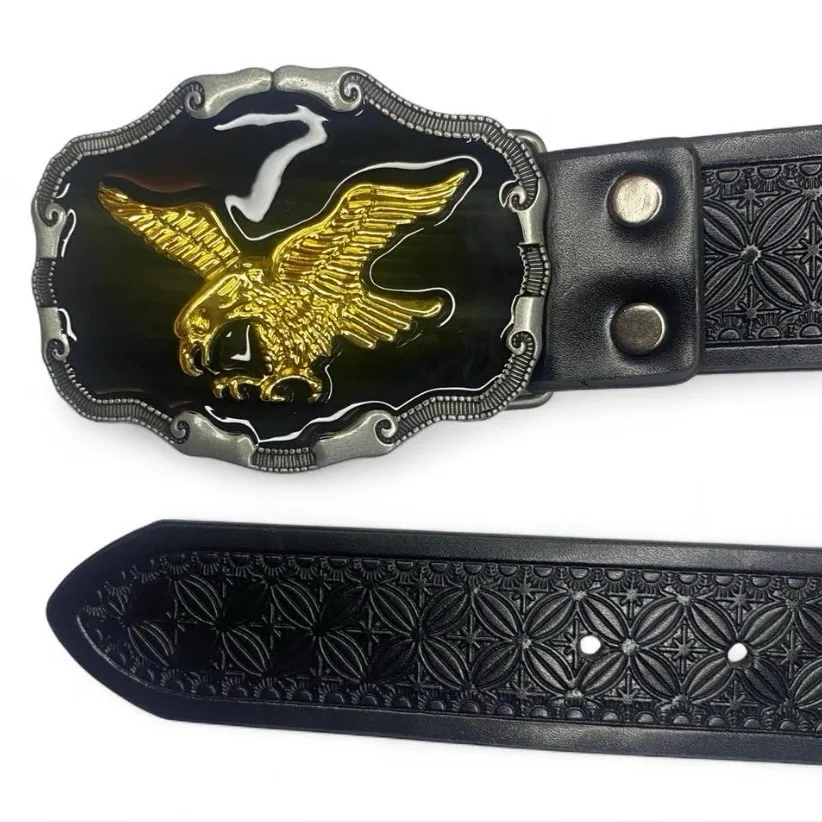 Western Black Embossed Belt with Golden Eagle on Black Buckle – photo 6