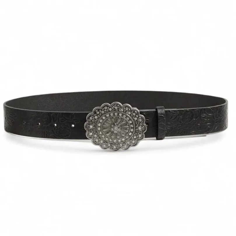 Vintage-Style Western Floral Embossed Belt with Oval Rhinestone Buckle – photo 4