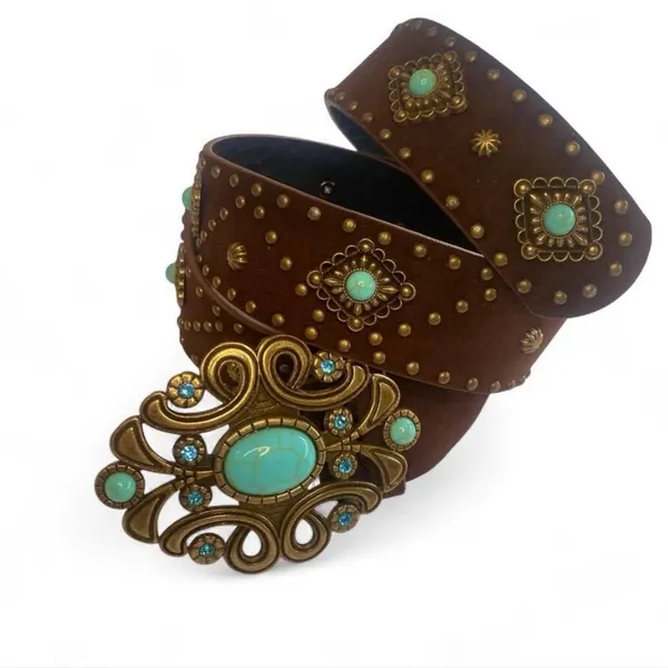 Vintage-Style Western Turquoise Concho Belt Brown