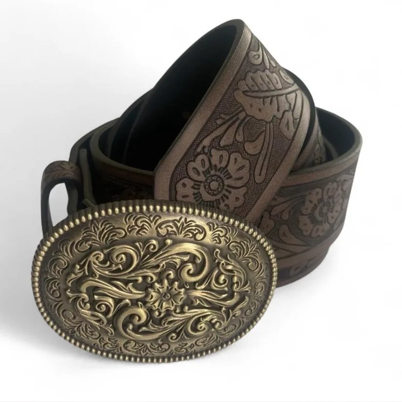 Western Style Embossed Belt Soft Gold-Tone Buckle – photo 3