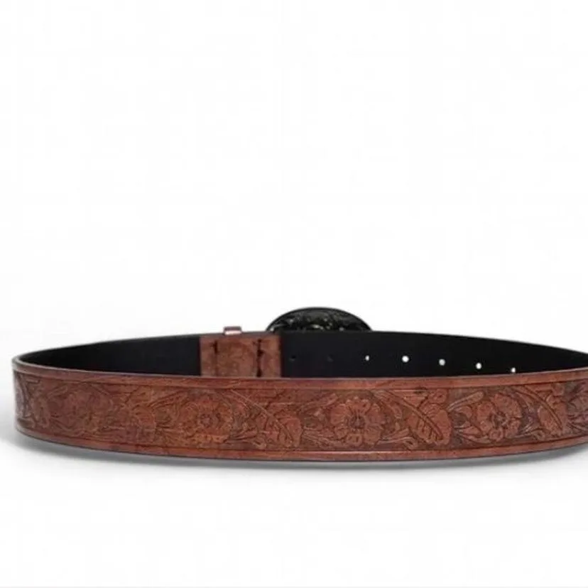 Western Style Tan Embossed Belt Detailed Soft Old Gold-Tone Buckle – photo 4