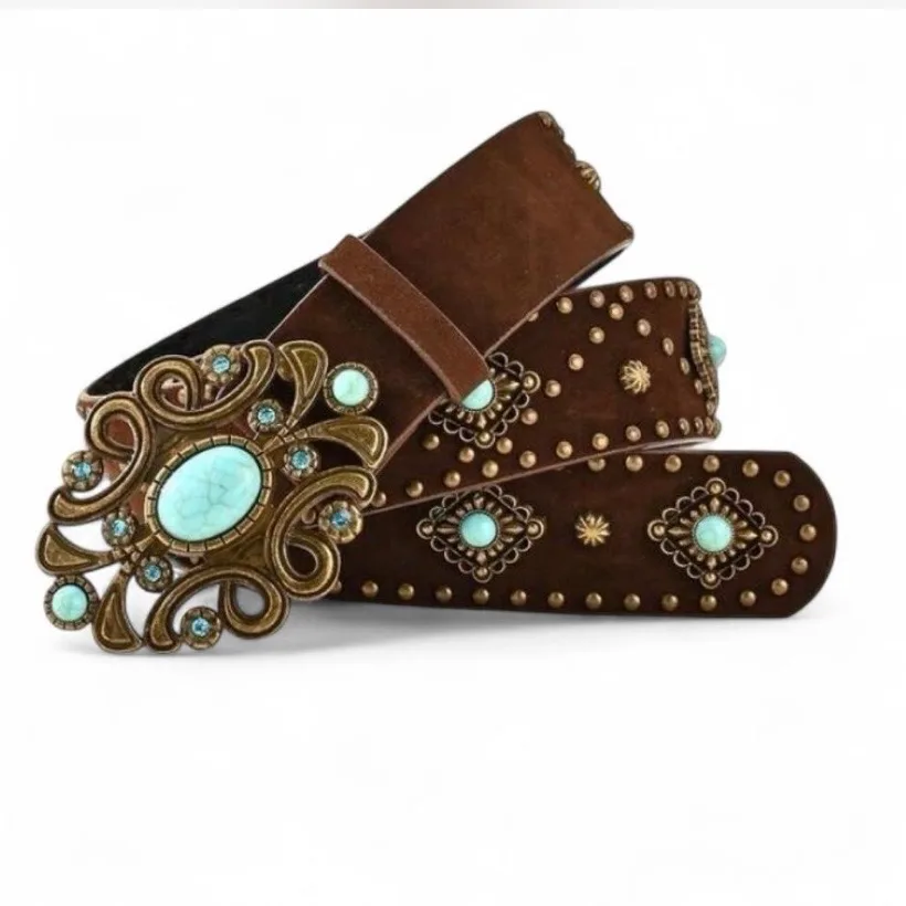 Vintage-Style Western Turquoise Concho Belt Brown – photo 5