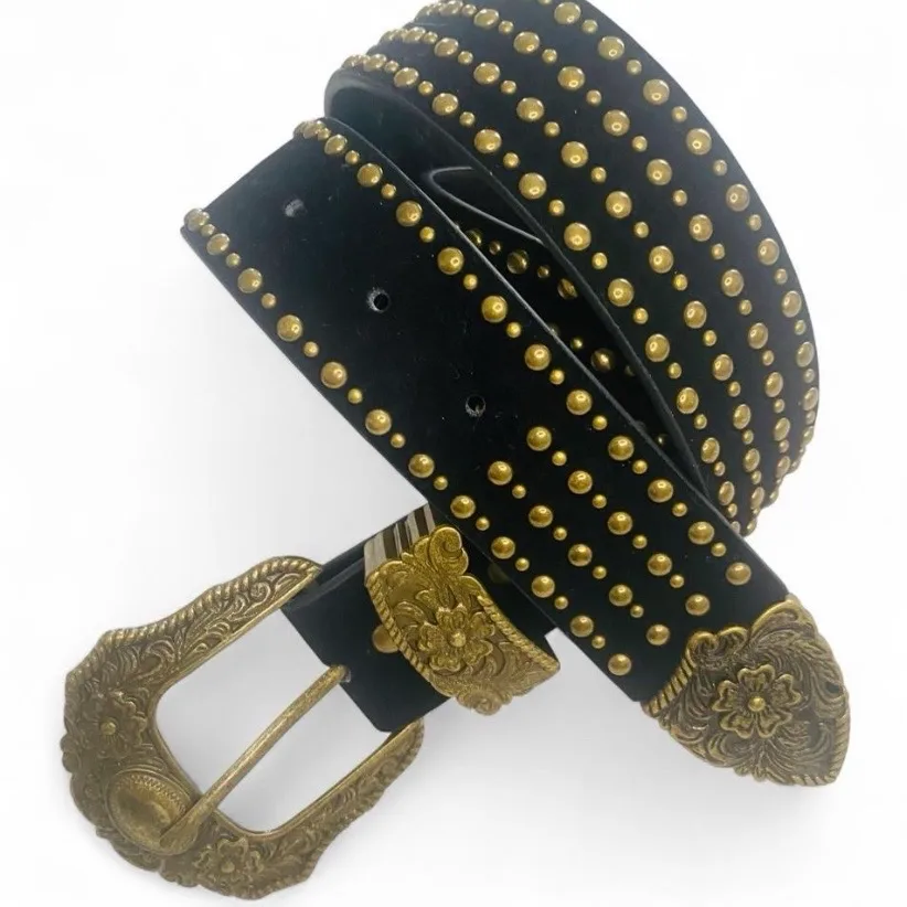 Western Black Studded Belt Ornate Gold Buckle — photo 2