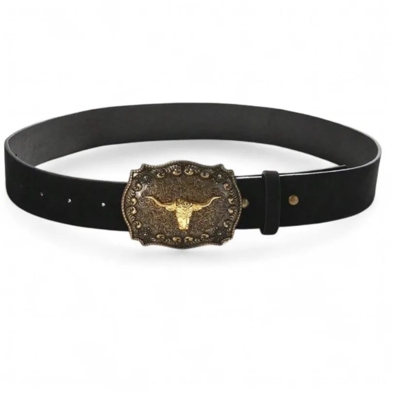 Western Black Suedette Belt with Golden Texas Longhorn on Brass-Tone Buckle – photo 2