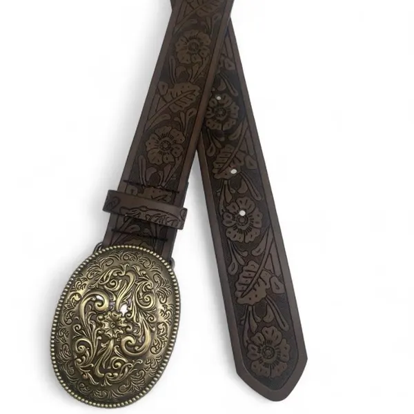 Western Style Embossed Belt Soft Gold-Tone Buckle