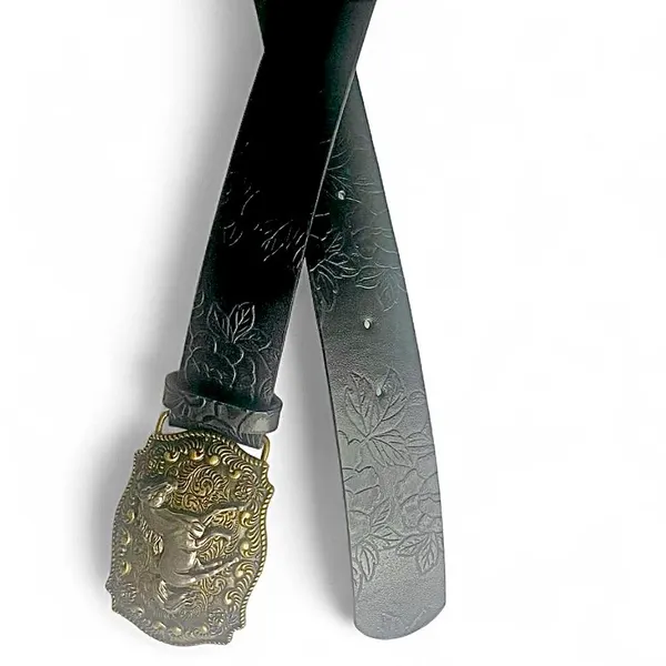 Western Style Embossed Belt Brass-Tone Buckle