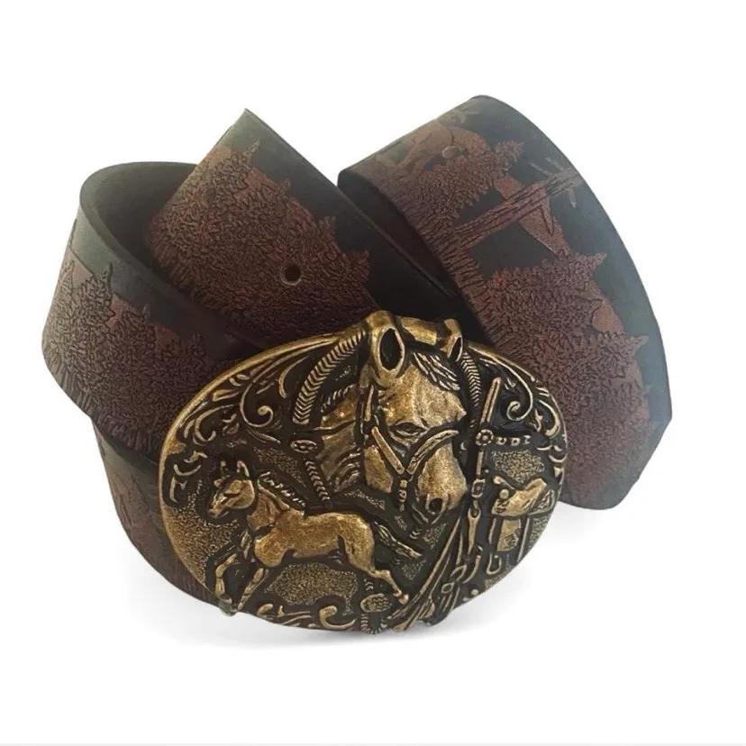 Western tooled belt, brown with brass-toned horse buckle NEW — photo 2