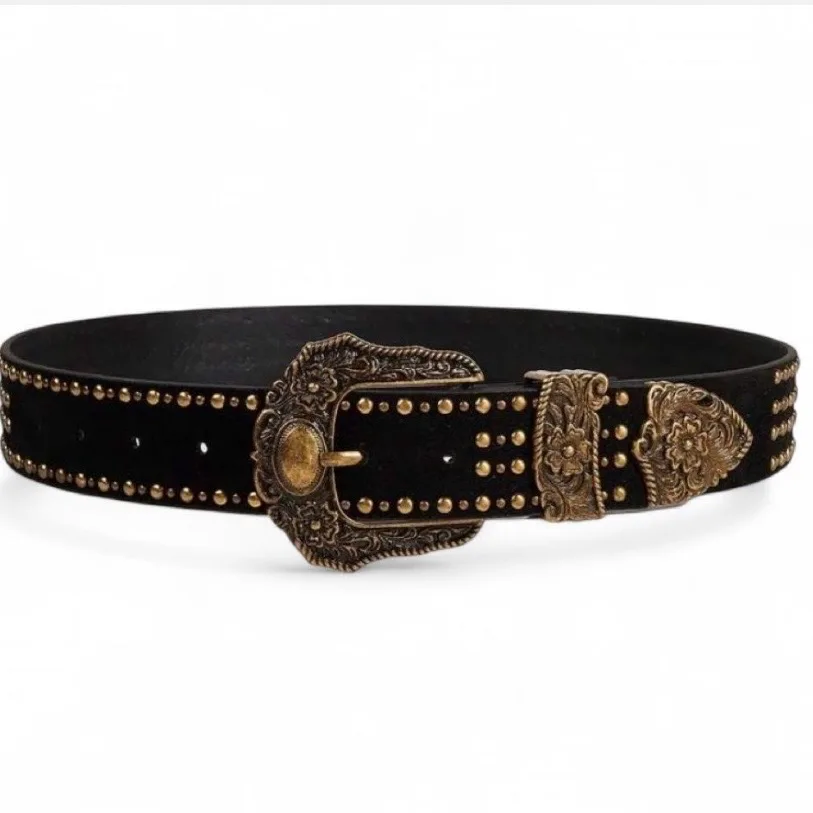Western Black Studded Belt Ornate Gold Buckle — photo 4