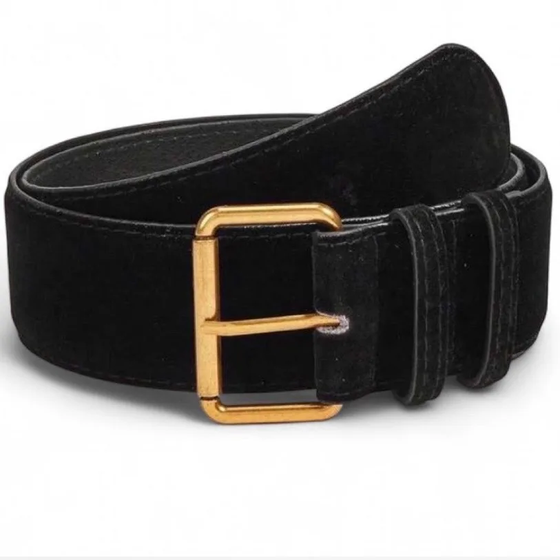 Retro-style wide black velvet belt large gold-tone buckle — photo 2