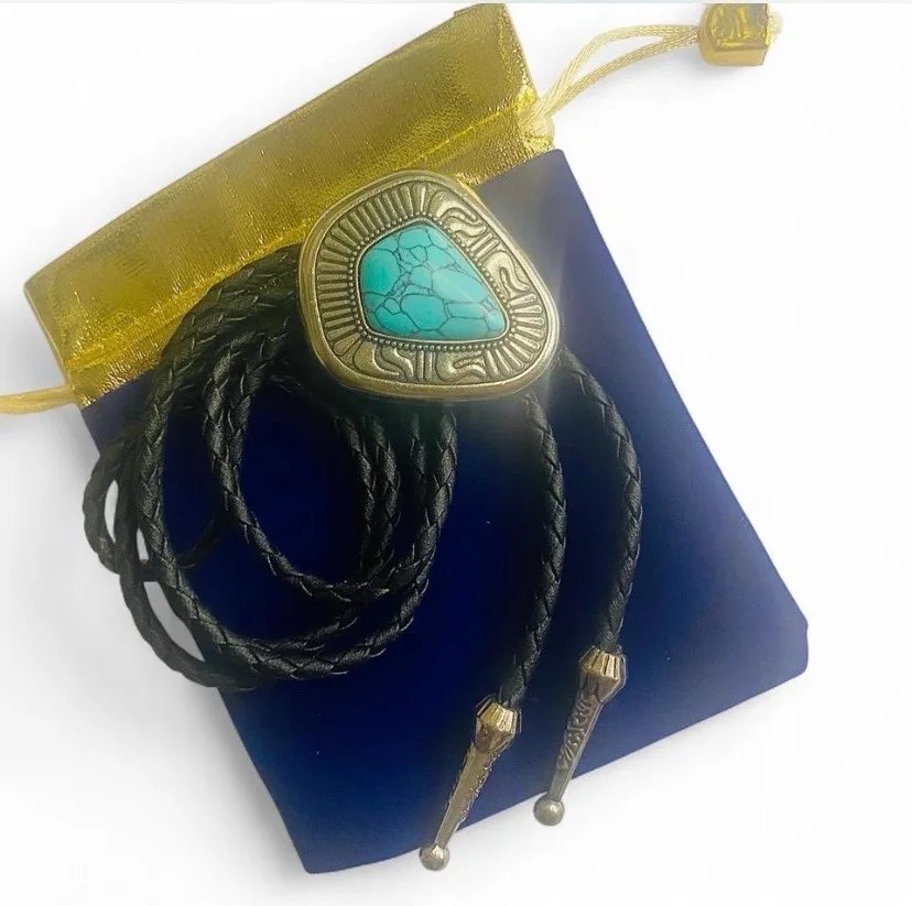 Western Bolo Tie Turquoise set in Silver Tone Bezel – photo 4