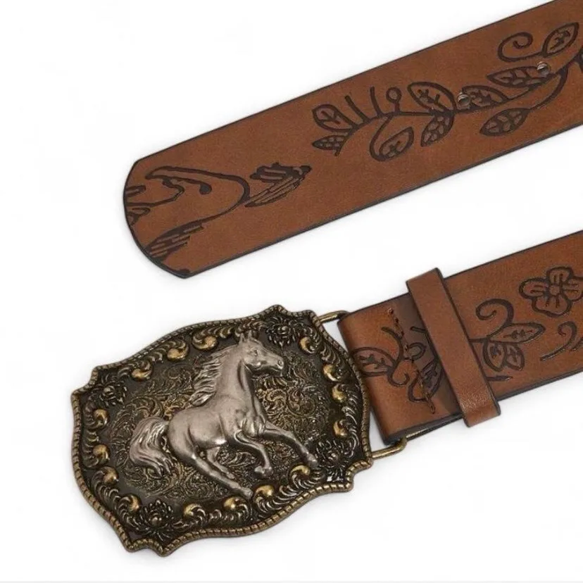 Western Style Embossed Belt Bronze-Tone Horse Buckle — photo 6