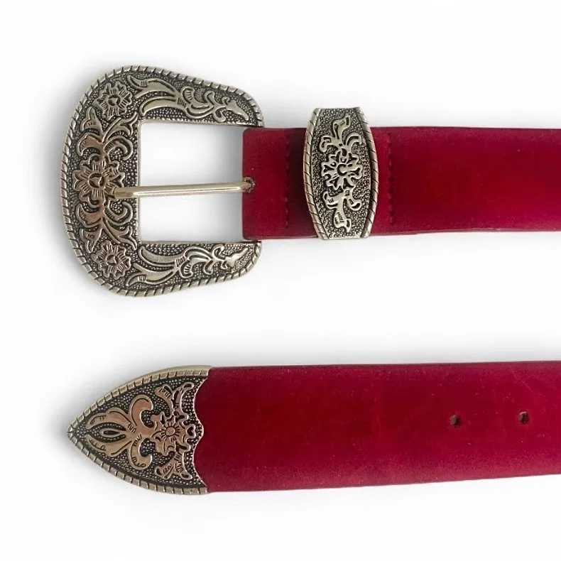 Western Red Velvet Belt Ornate Silver-Tone Buckle – photo 2