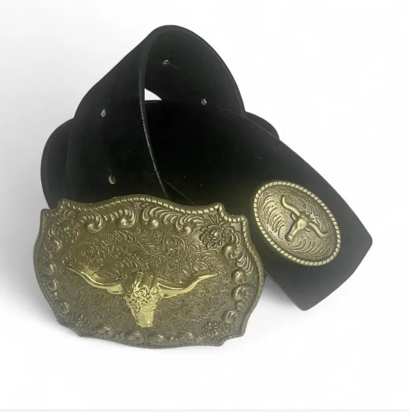 Western Black Suedette Belt with Golden Texas Longhorn on Brass-Tone Buckle – photo 8