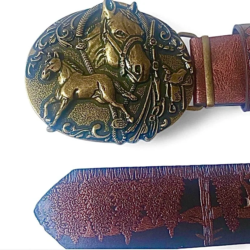 Western tooled belt, brown with brass-toned horse buckle NEW — photo 5