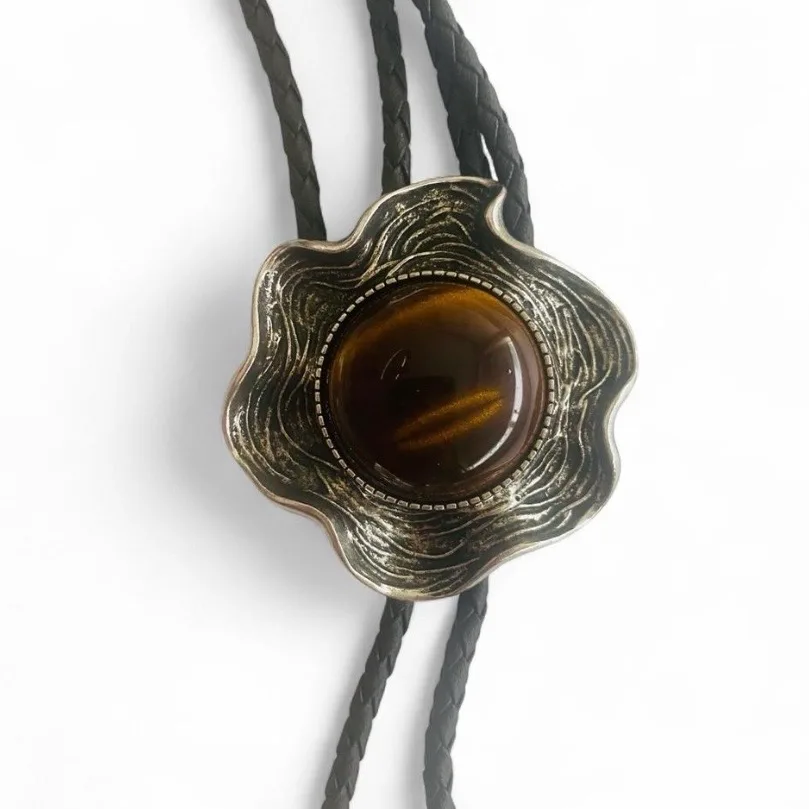 Western Style Bolo Tie Tigers Eye Silver-Tone Setting – photo 2