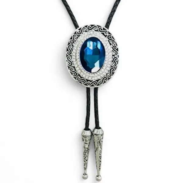 Blue Crystal Bolo Tie with Ornate Silver-Tone Oval Frame