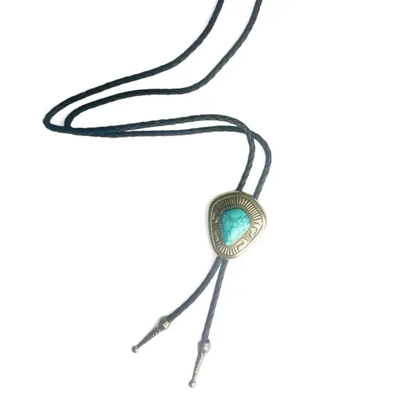 Western Bolo Tie Turquoise set in Silver Tone Bezel