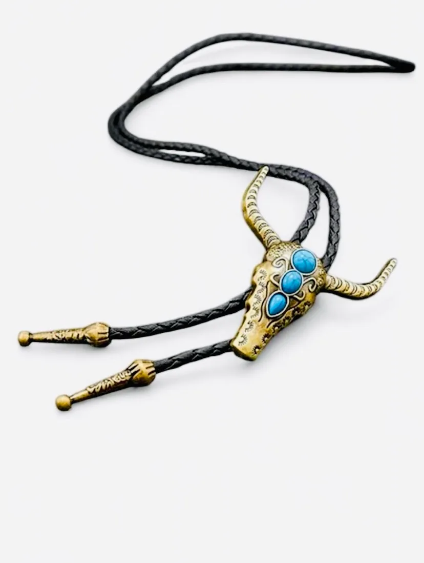 Western Style Bolo Tie Old Gold-Tone Bulls Head – photo 5