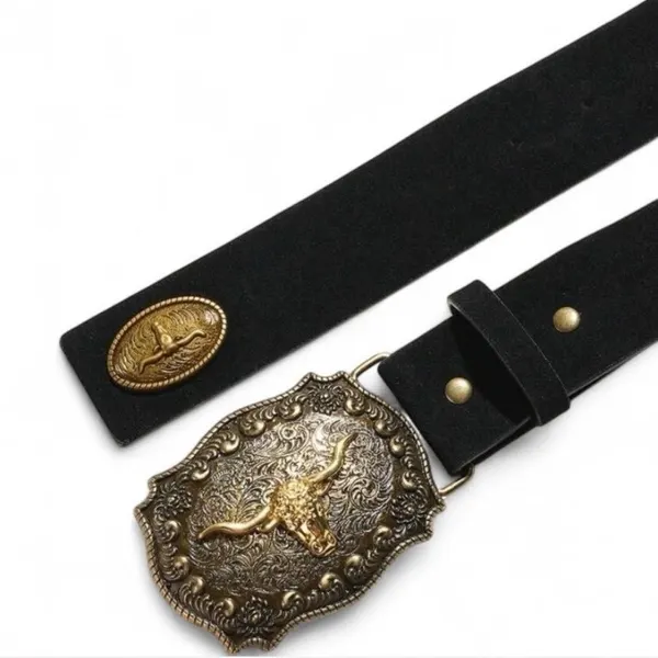 Western Black Suedette Belt with Golden Texas Longhorn on Brass-Tone Buckle