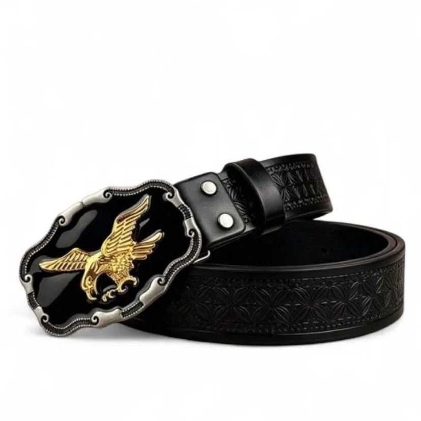 Western Black Embossed Belt with Golden Eagle on Black Buckle – photo 2