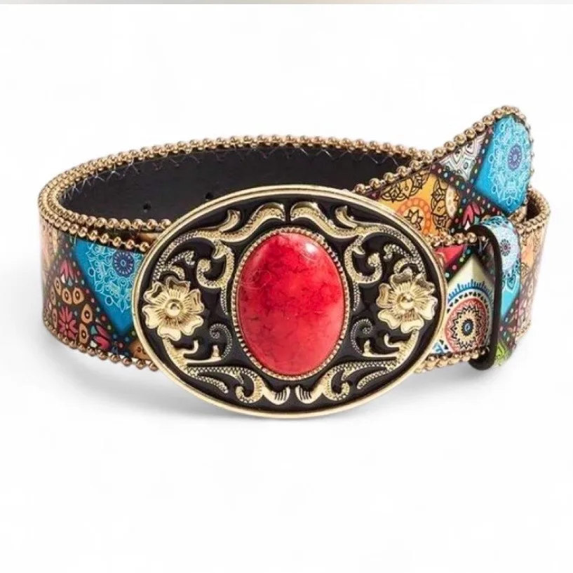 Boho Multicoloured Belt with Red Stone Buckle – photo 7