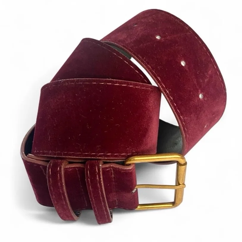 Retro-style wide burgundy velvet belt large gold-tone buckle — photo 3
