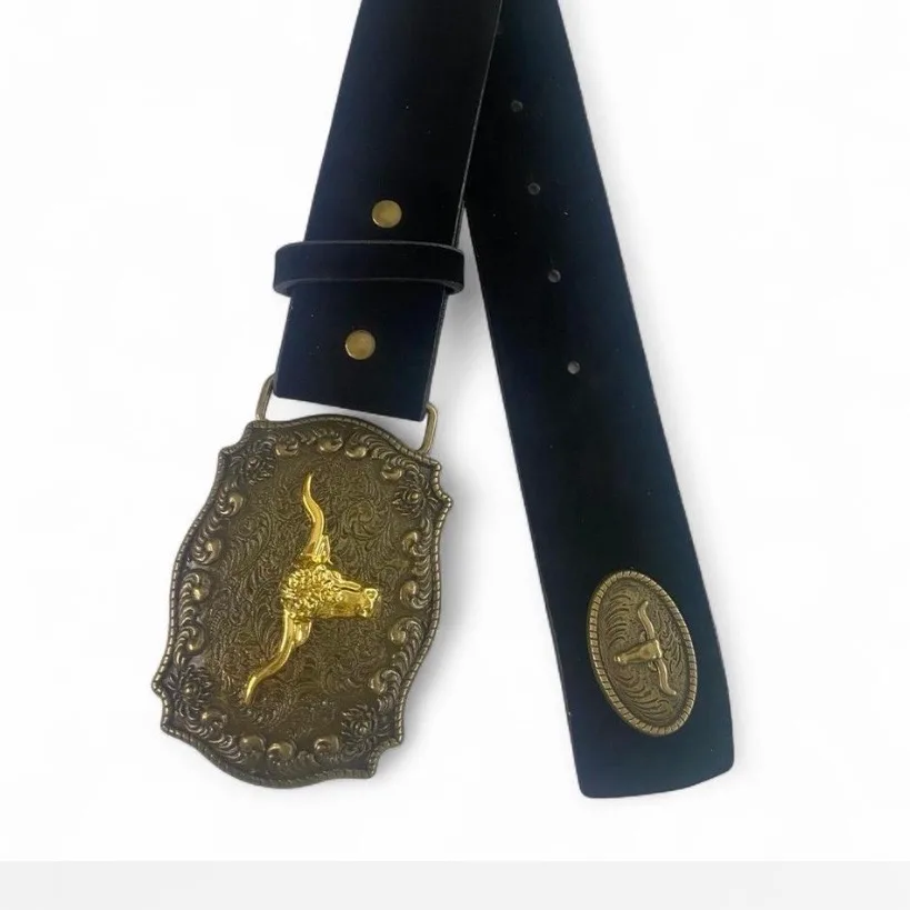 Western Black Suedette Belt with Golden Texas Longhorn on Brass-Tone Buckle – photo 6