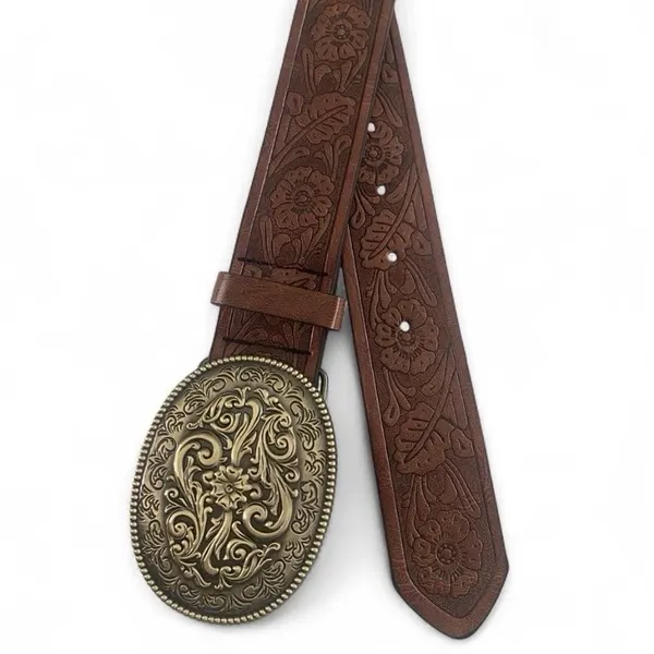 Western Style Tan Embossed Belt Detailed Soft Old Gold-Tone Buckle