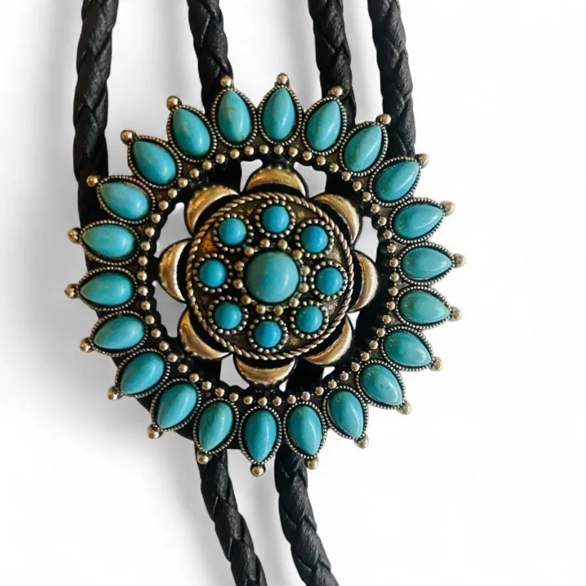 Western Bolo Tie Antique Silver-Tone Turquoise Sunburst – photo 2