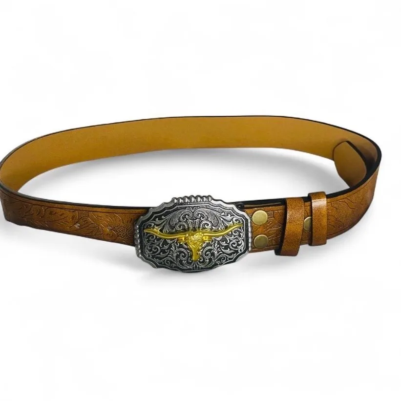 Custom Western Style Belt Golden Longhorn/ Silver Buckle NEW — photo 4