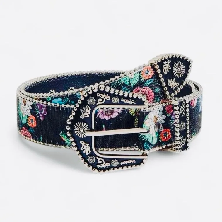 Black & floral print belt western style buckle — photo 2