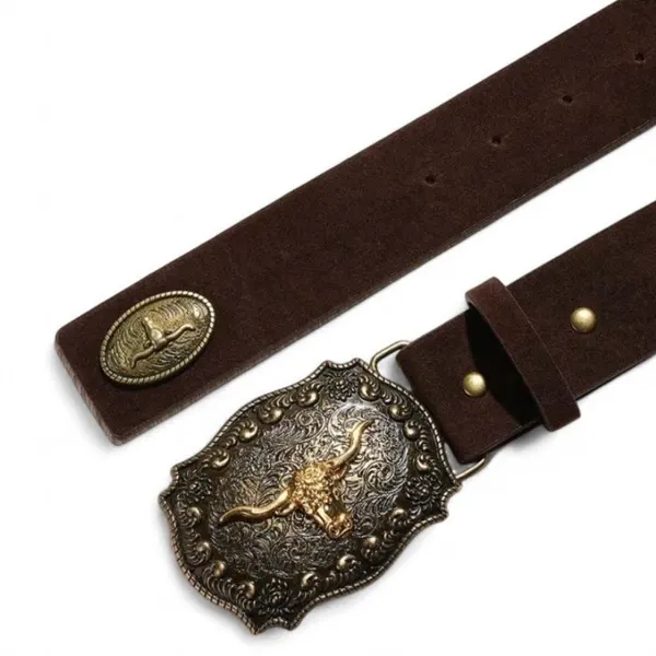 Western Brown Suedette belt Brass Buckle Golden Longhorn