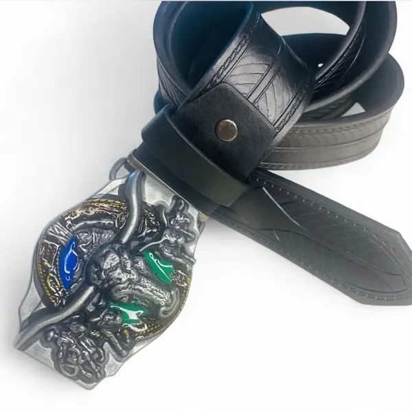 Western Belt Black Embossed Silver-Tone longhorn buckle