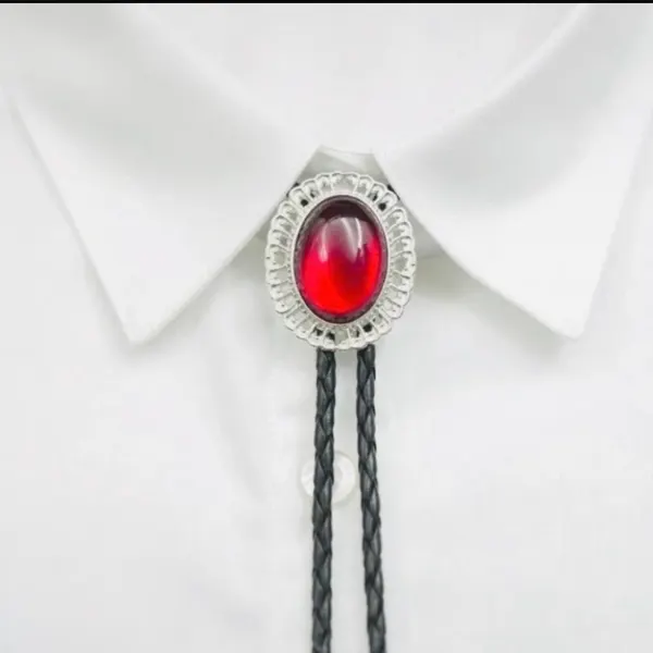 Western Red Cabouchon Bolo Tie Silver-Tone Bezel
